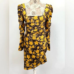 FLORET STUDIOS Brown & yellow floral puff sleeve ruched skirt mini dress size L